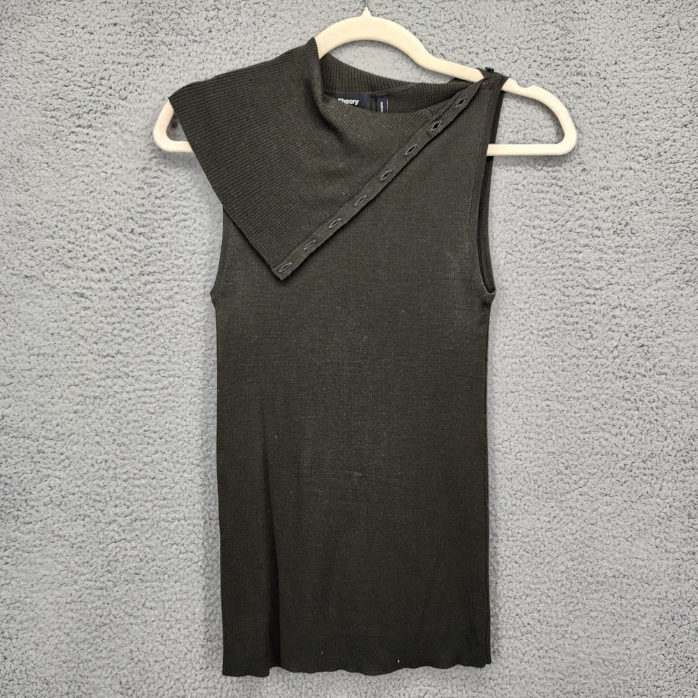 Theory Leendelle Refine Dark Olive Green 100% Merino Wool Ribbed Knit Top Small